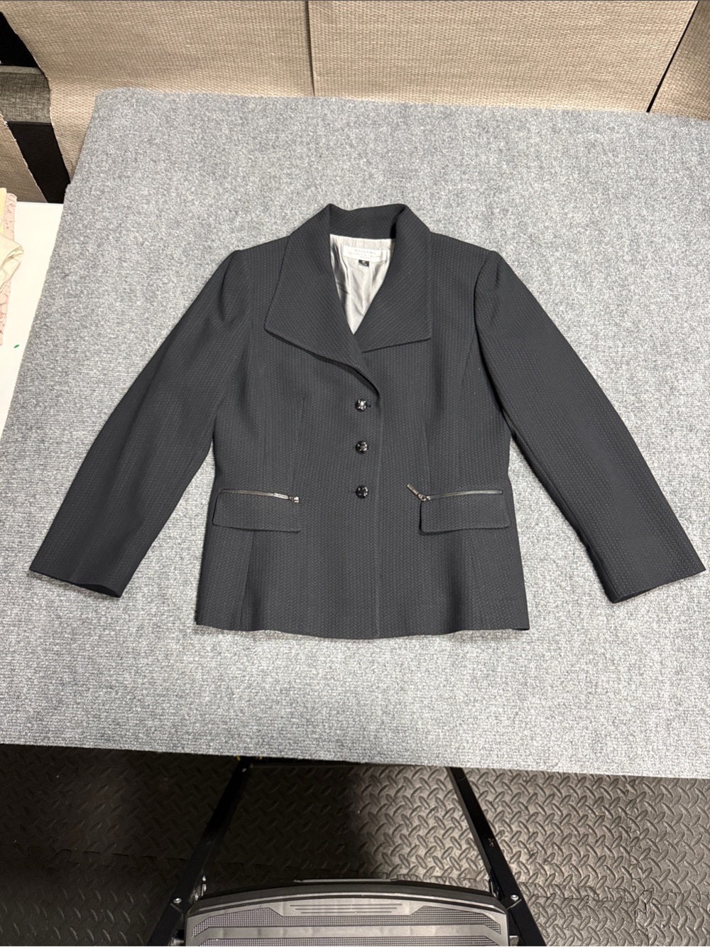 Tahari Black Structured Textured Blazer with Zip Pockets